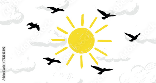 Sun and Birds Illustration A cheerful graphic with a sunny day theme, great for design projects
