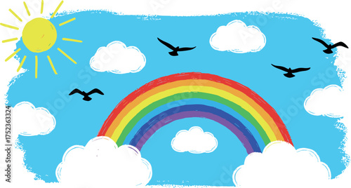 Colorful Rainbow Under a Sunlit Sky with Birds Flying