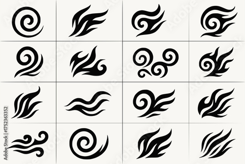 Tribal Flame and Swirl Symbol Set in Black and White for Tattoo and Graphic Design
