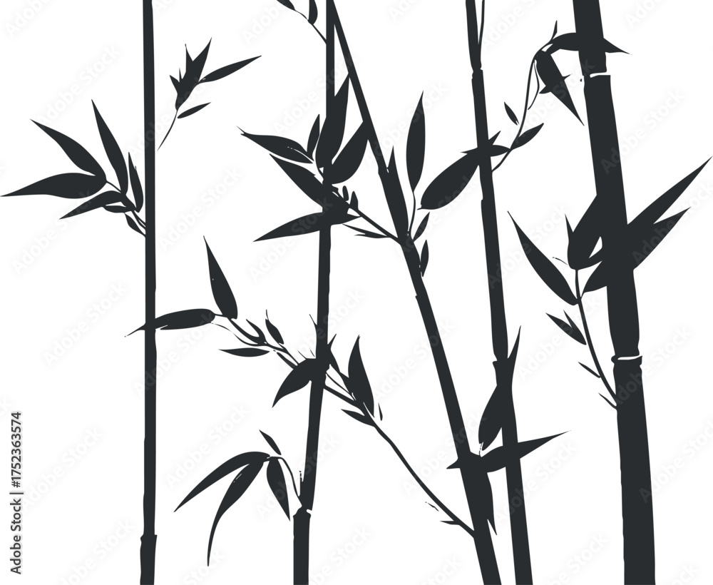 Obraz premium Black silhouette of bamboo stalks and leaves on a white background, creating a minimalist design.