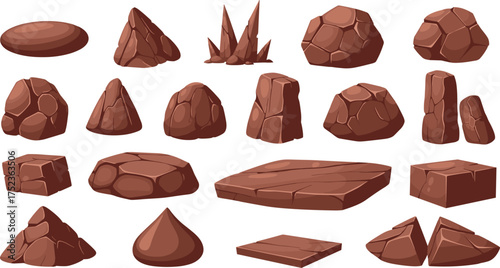 Collection of various brown rocks and stones, ideal for game design, illustration, or educational purposes