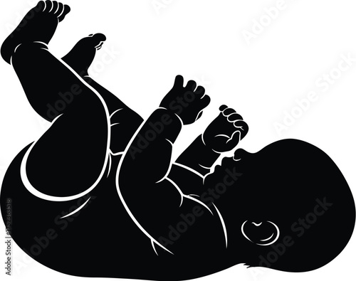 Silhouette of a baby lying on its back with arms and legs raised.