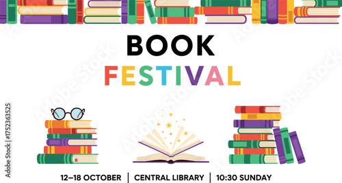 Colorful illustrated poster for a literature event with stacks of books, an open magic book, and reading glasses