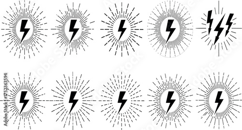 Collection of electric bolt symbols with radial burst elements, symbolizing energy and power