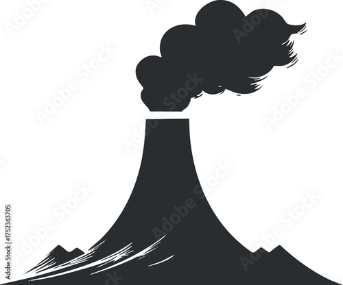 Silhouette of a volcano erupting with smoke, representing natural disasters and geological phenomena.