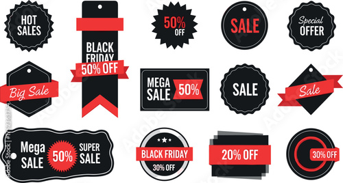 Set of various black and red sale discount tags and labels for shopping promotions and marketing