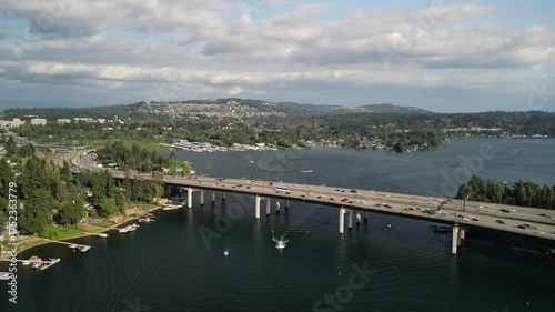 Wallpaper Mural Drone Aerial View of I-90 Floating Bridge and Boat Traffic on Lake Washington, Seattle Area Torontodigital.ca