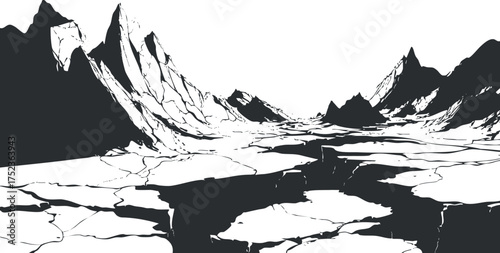 Black and white minimalist landscape illustration featuring rugged mountains and stark terrain.