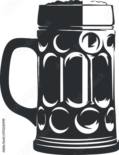 Illustration of a traditional beer stein with handle and foam, depicted in black and white.