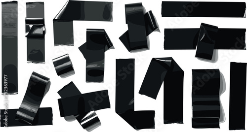 A diverse collection of black adhesive tape strips in various shapes and folds, creating an assortment of wrinkled and crumpled pieces isolated on a clean white background