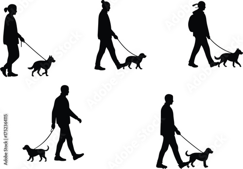 Dog walking silhouette vector set, people with pets on leash, outdoor activity lifestyle illustration 
