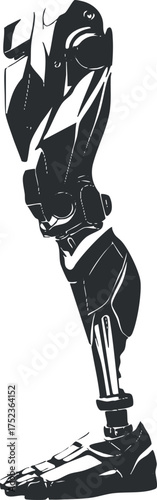 Black and white illustration of a futuristic robotic leg prosthetic with mechanical details.