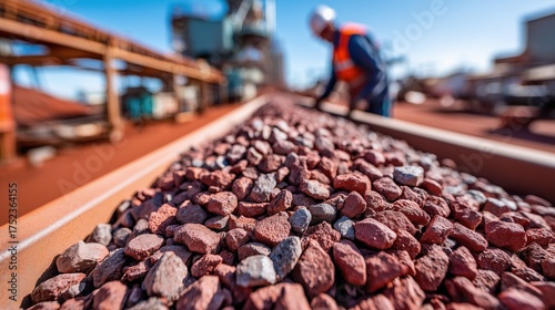 Close-up of red iron ore rocks filling a train wagon with an industrial worker in the background