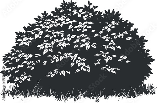 Silhouette of a lush bush with detailed leaves in black and white illustration.