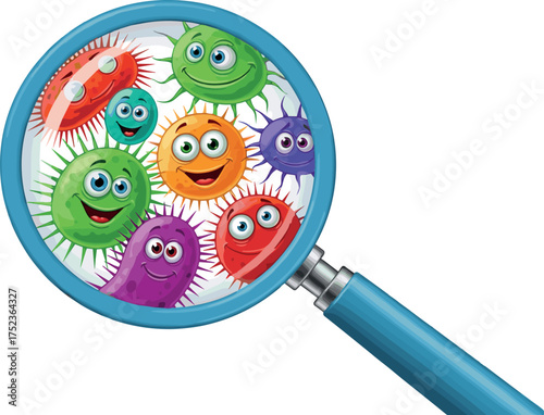 Close-up view of a cheerful microscopic world, with a magnifying glass revealing a colorful collection of animated bacteria and friendly microbes for scientific exploration