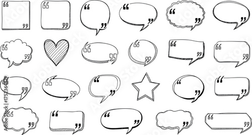 Collection of hand-drawn speech bubbles, thought bubbles, and quote boxes with quotation marks, perfect for text, comments, and creative design in a doodle style