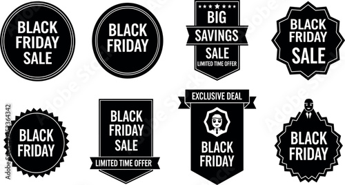 Collection of retro-style promotional insignia and emblems for retail clearance events, featuring various designs for limited-time offers