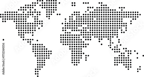 Abstract world map silhouette composed of small black dots on a white background