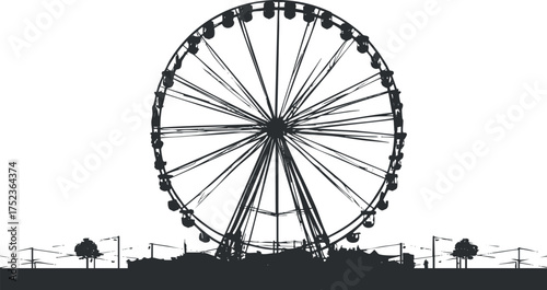 Silhouette of a Ferris wheel against a white background, showcasing amusement park atmosphere.