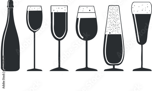 Silhouettes of various wine and champagne glasses alongside a bottle, in a minimalist style.