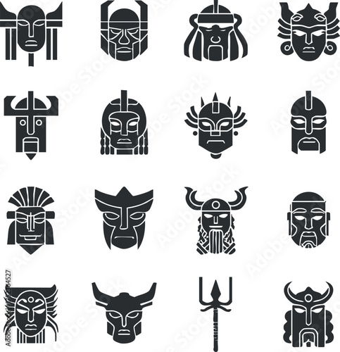Collection of 16 stylized ancient warrior icons with helmets in black and white design.