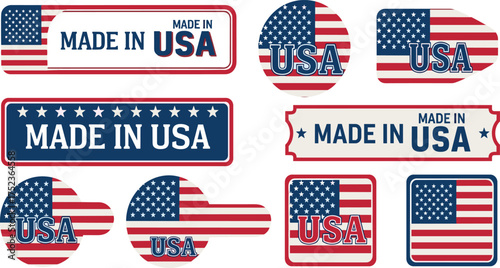 A versatile collection of 'Made in USA' labels, stickers, and badges featuring the American flag, ideal for promoting domestic products