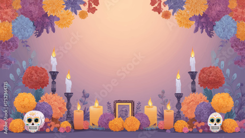 Traditional ofrenda altar with candles, marigold flowers, and sugar skulls for Day of the Dead, Mexican remembrance celebration vector.