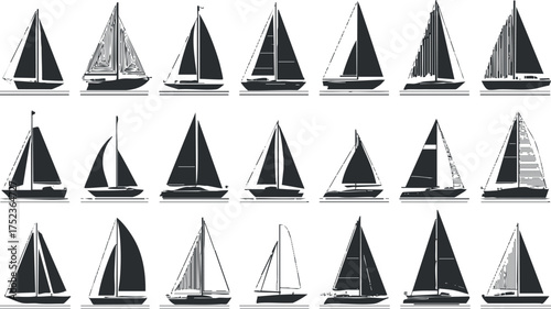 Collection of black and white sailboat silhouettes in vector illustration format.