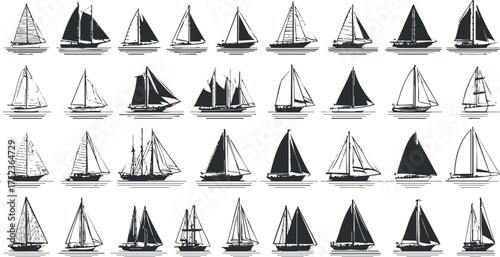 Collection of black and white sailboat silhouettes in various designs and styles.