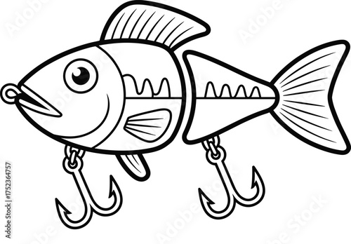 Black and white illustration of a fishing lure designed in a fish shape with hooks.