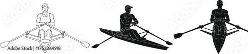 Rowing front view silhouette vector set, single scull boat athletes oars sport technique illustration collection