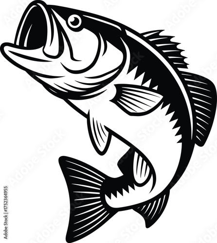 Black and white vector illustration of a jumping large mouth bass fish angling concept