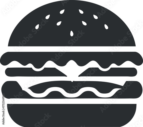 Black and white silhouette icon of a hamburger with layers of bun and fillings.