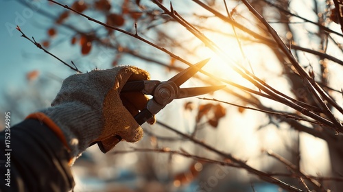 Hand in a gardening glove pruning tree branches with sharp shears against the bright sunlight