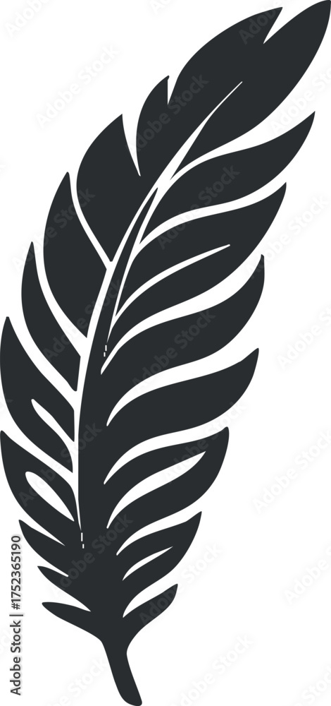 Fototapeta premium Black silhouette of a feather with intricate design on a white background.