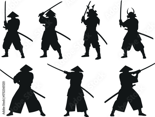 Samurai warrior silhouette vector set, katana sword poses, Japanese martial arts culture battle illustration collection