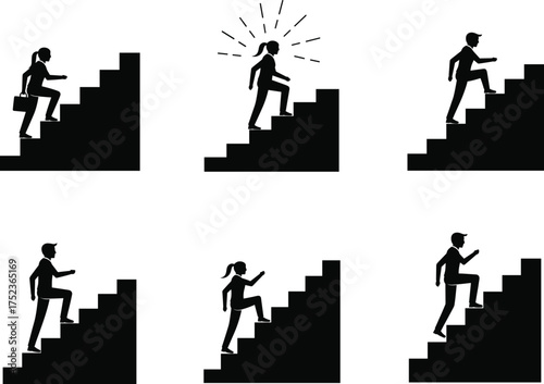 Silhouette people climbing stairs vector set, progress success achievement concept, career growth personal development illustration