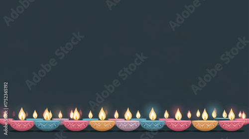 Row of colorful glowing diya lamps illuminating dark night sky, symbolizing light over darkness during joyful Diwali celebration.