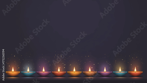 Row of colorful glowing diya lamps illuminating dark night sky, symbolizing light over darkness during joyful Diwali celebration.