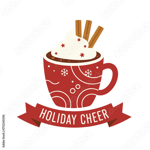 A red mug of hot chocolate or cacao, a festive Christmas drink illustrated in vector style, adorned with cinnamon sticks