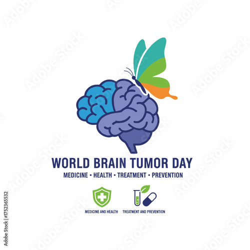 World Brain Tumor Day highlights the brain and butterfly, focusing on brain tumor treatment, prevention, and the concept of medicine and health