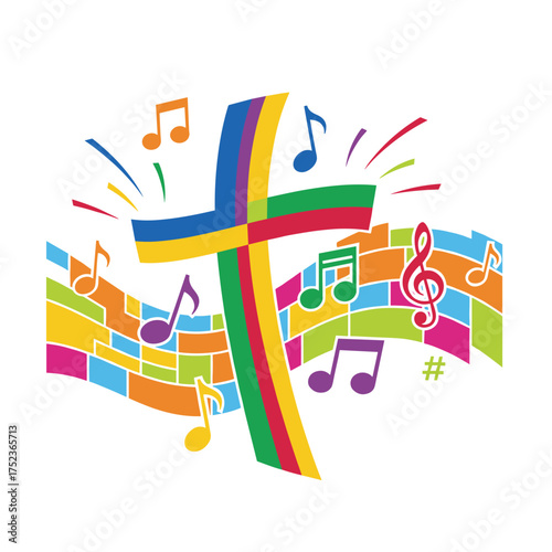 A vibrant Christian cross adorned with musical notes set against a bright, religion‑themed backdrop, ideal for gospel church music, choir performances, concerts, festivals, Christianity, and prayer