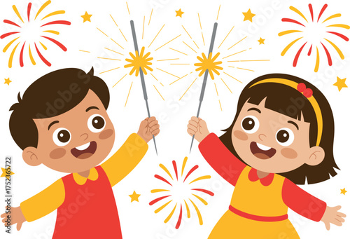 Vector art of boy and girl with sparkler