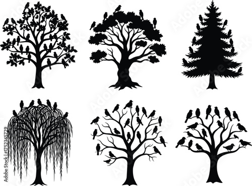 Tree and bird silhouette vector set, diverse forest nature wildlife perched animals seasonal illustration collection
