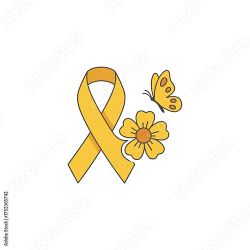 Endometriosis awareness background: a yellow ribbon adorned with a yellow flower and butterfly