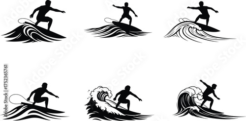 Surfer silhouette vector set, surfing wave riders water sport ocean lifestyle extreme sea illustration collection