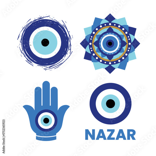 A grunge‑style hand‑drawn Turkish evil eye, a mandala Greek evil eye, symbols of protection in Turkey, Greece, and Cyprus, a blue Turkish Fatima eye, an amulet from the evil eye, a Nazar, a magical