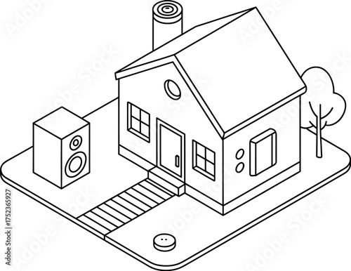 Vector art of isometric house with speaker and tree in black and white