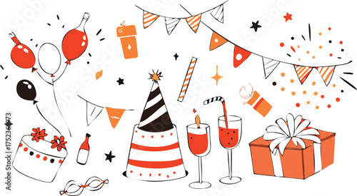 Hand drawn celebration elements featuring party hats balloons gifts drinks and bunting flags for festive occasions