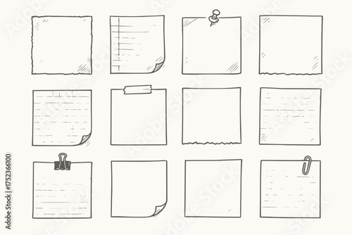Hand-Drawn Paper Sheet Icon Set with Clips, Tape, and Torn Edges for Visual Planning